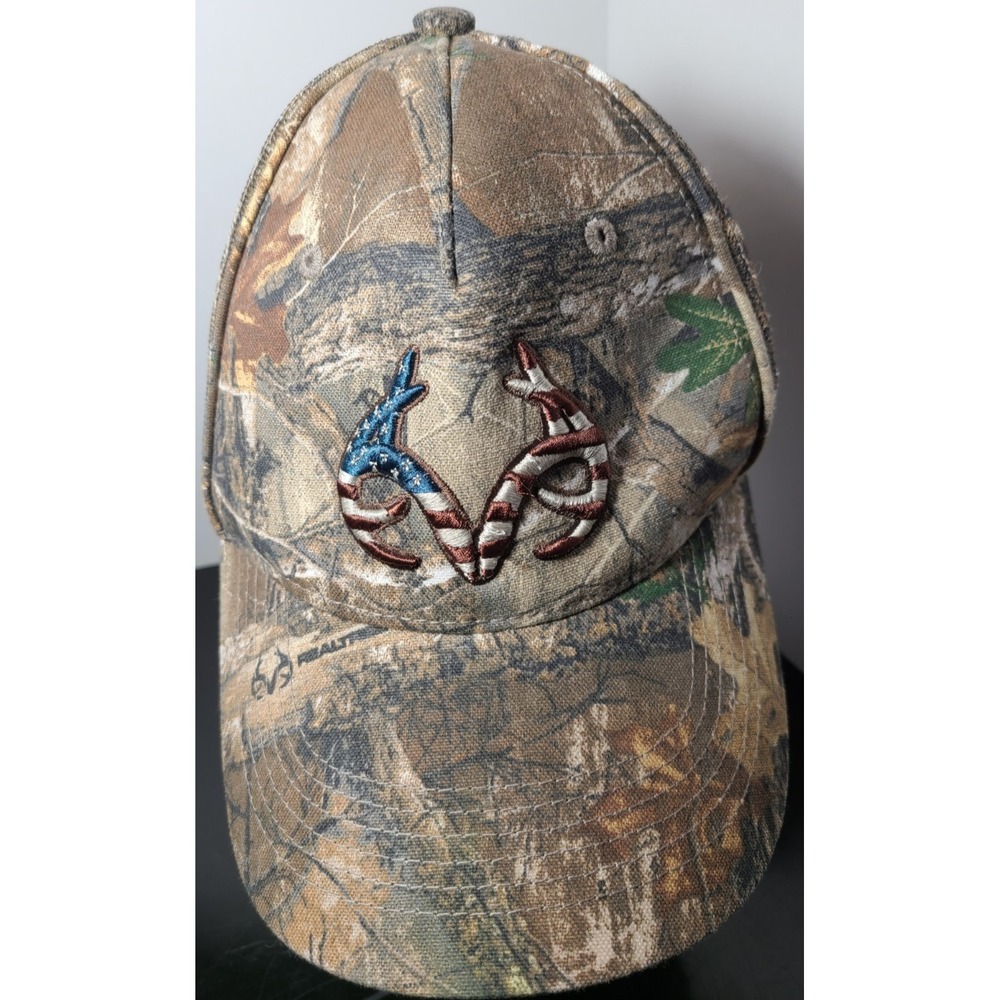 Realtree Hunting Hat Cap Camouflage Strapback‎ Embroidered USA FLAG HORNS OSFM